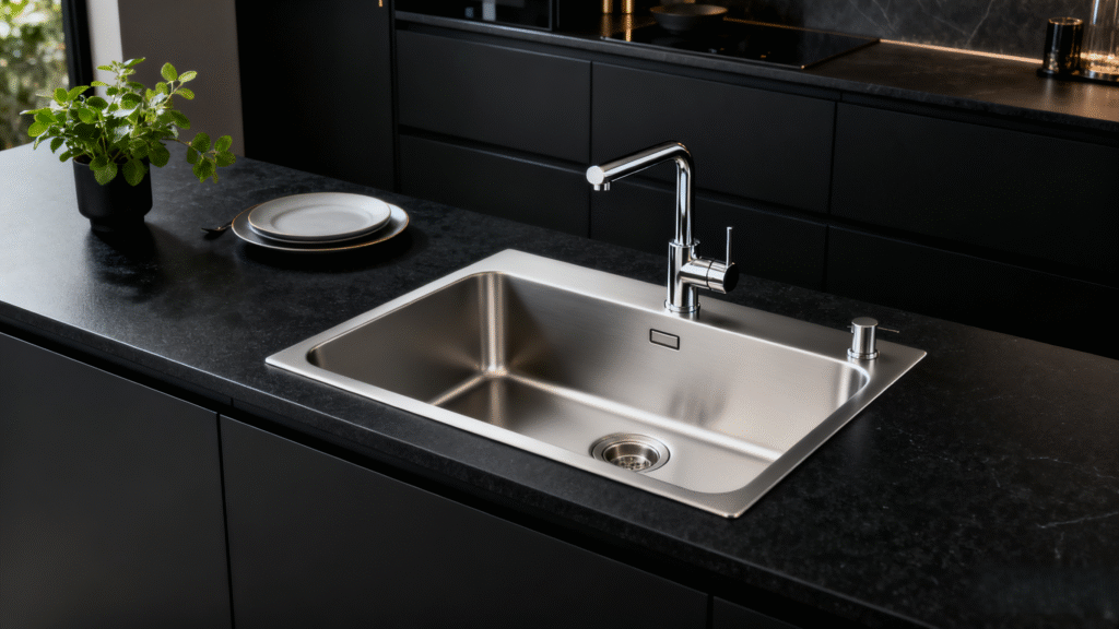 Un fregadero limpio de acero inoxidable con un grifo moderno.