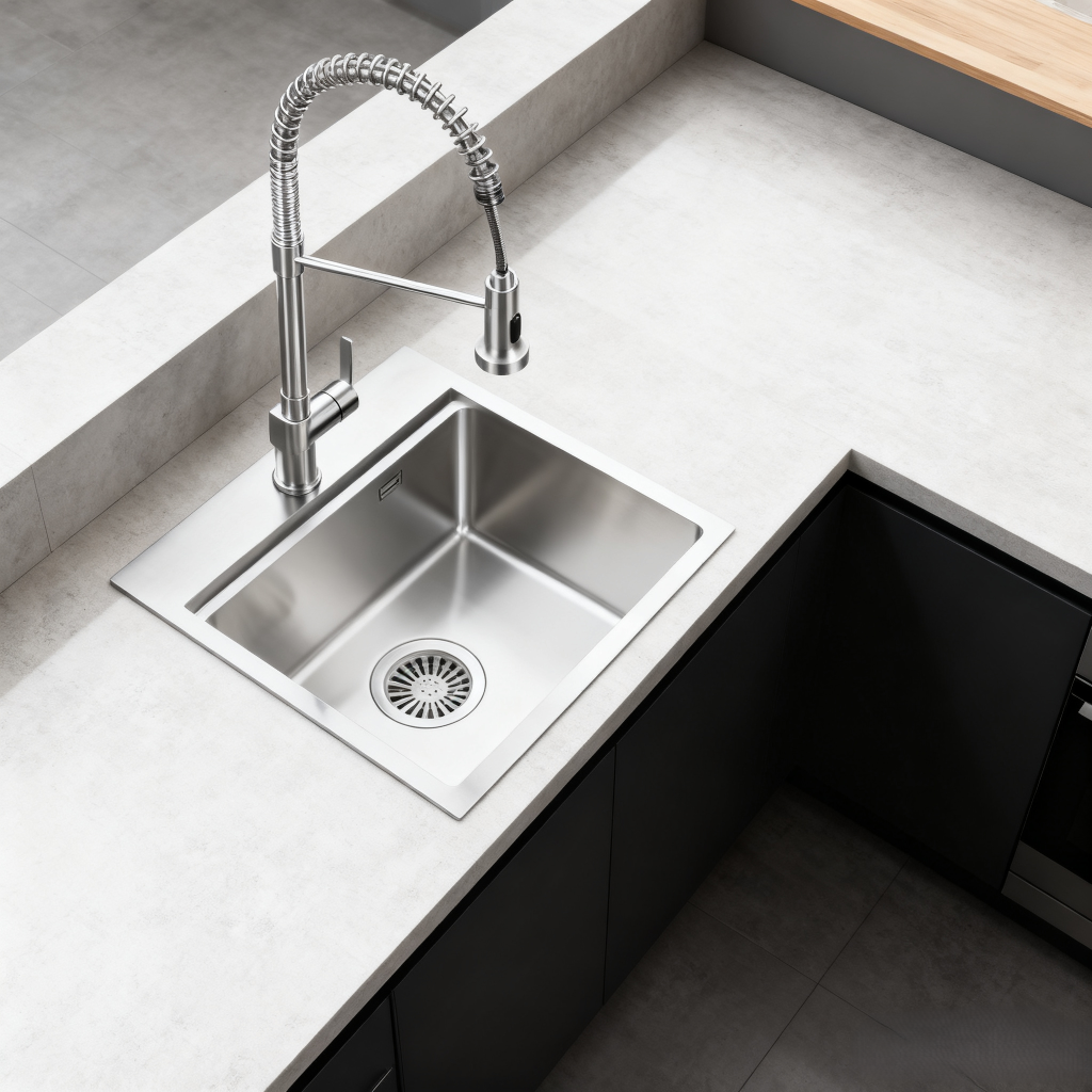 Fregadero de cocina moderno de acero inoxidable con grifo de resorte de arco alto.