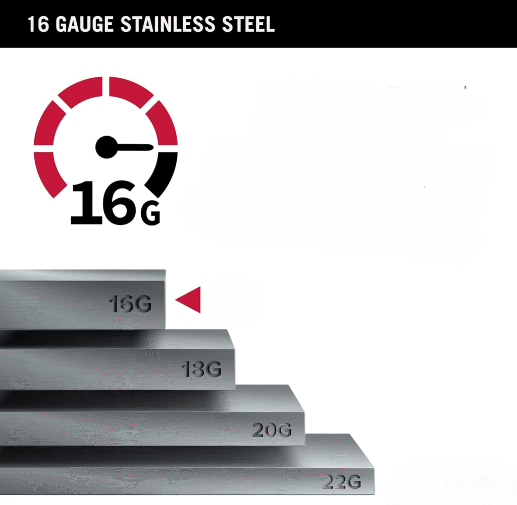 16 Gauge Stainless Steel Comparison Chart: Visual display showing 16G, 18G, 20G, and 22G stainless steel thickness levels, highlighting 16 gauge as the thickest and most durable option with a red speedometer indicator.