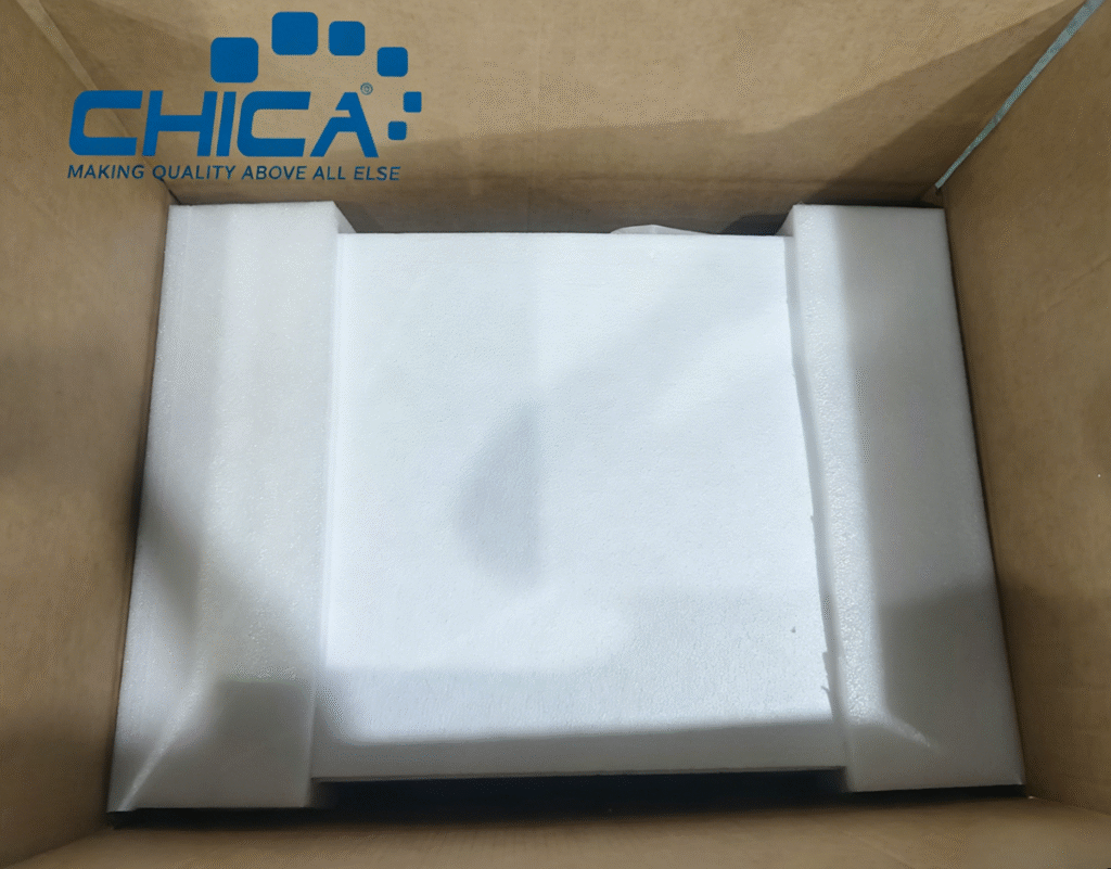 product packaging with foam protection inside cardboard box